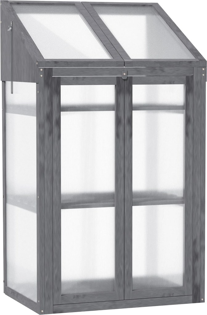 Outsunny Fa Mini Üvegház 70 x 50 x 120 cm, Fedett Üvegház Ablakkal, Kétszárnyú Ajtóval, Fényáteresztő Hidegkeret 3 Polccal, Télálló Magasított Kertágy