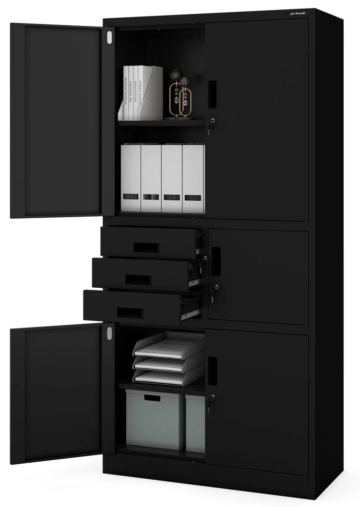 Fém iratszekrény széffel és fiókokkal FILIP II, 900 x 1850 x 400 mm, fekete