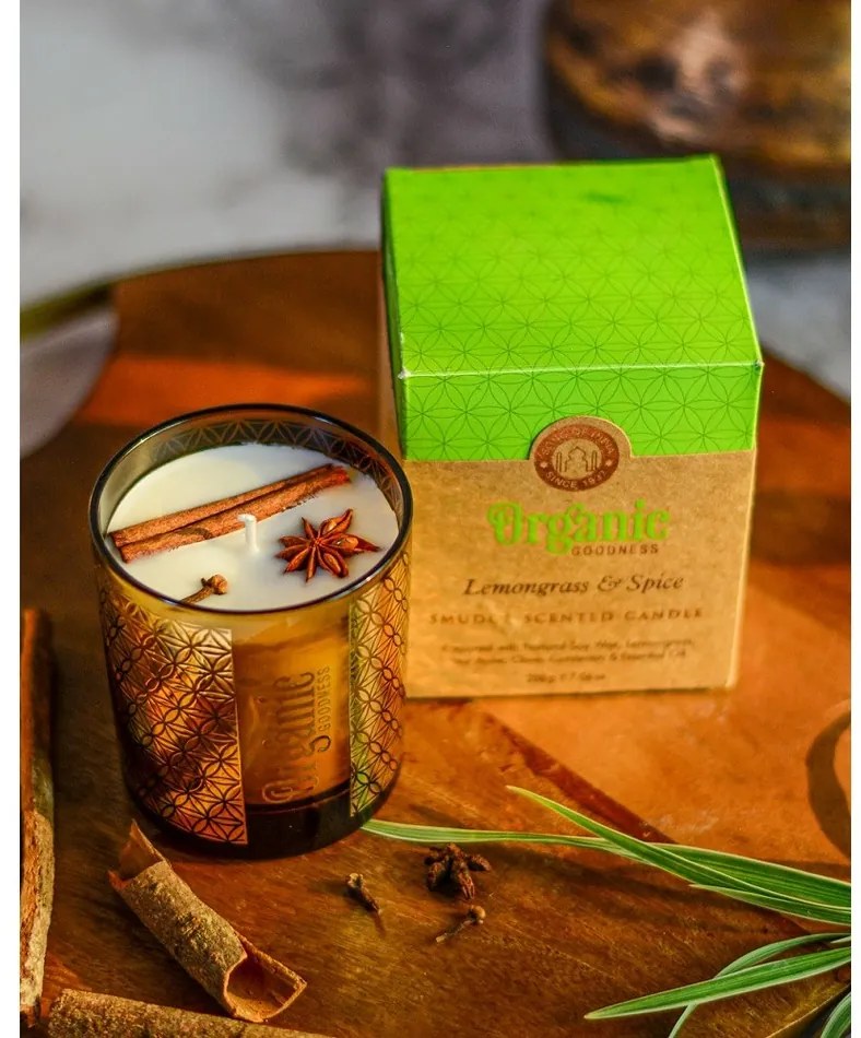 Organikus füstölő gyertya Lemongrass & Spice200 g üvegben, aranyfóliával