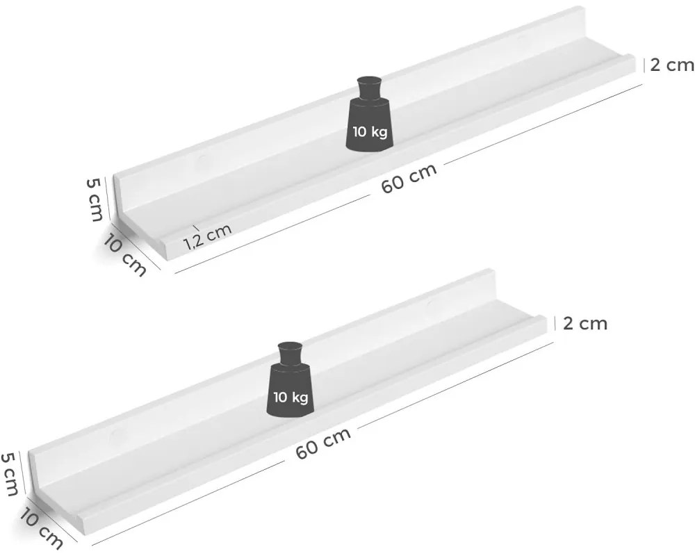 2 darabos lebegő polc szett magasfényű bevonattal, fehér 60x10x5cm
