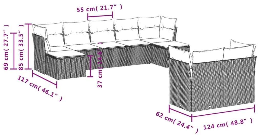 9 részes bézs polyrattan kerti ülőgarnitúra párnákkal