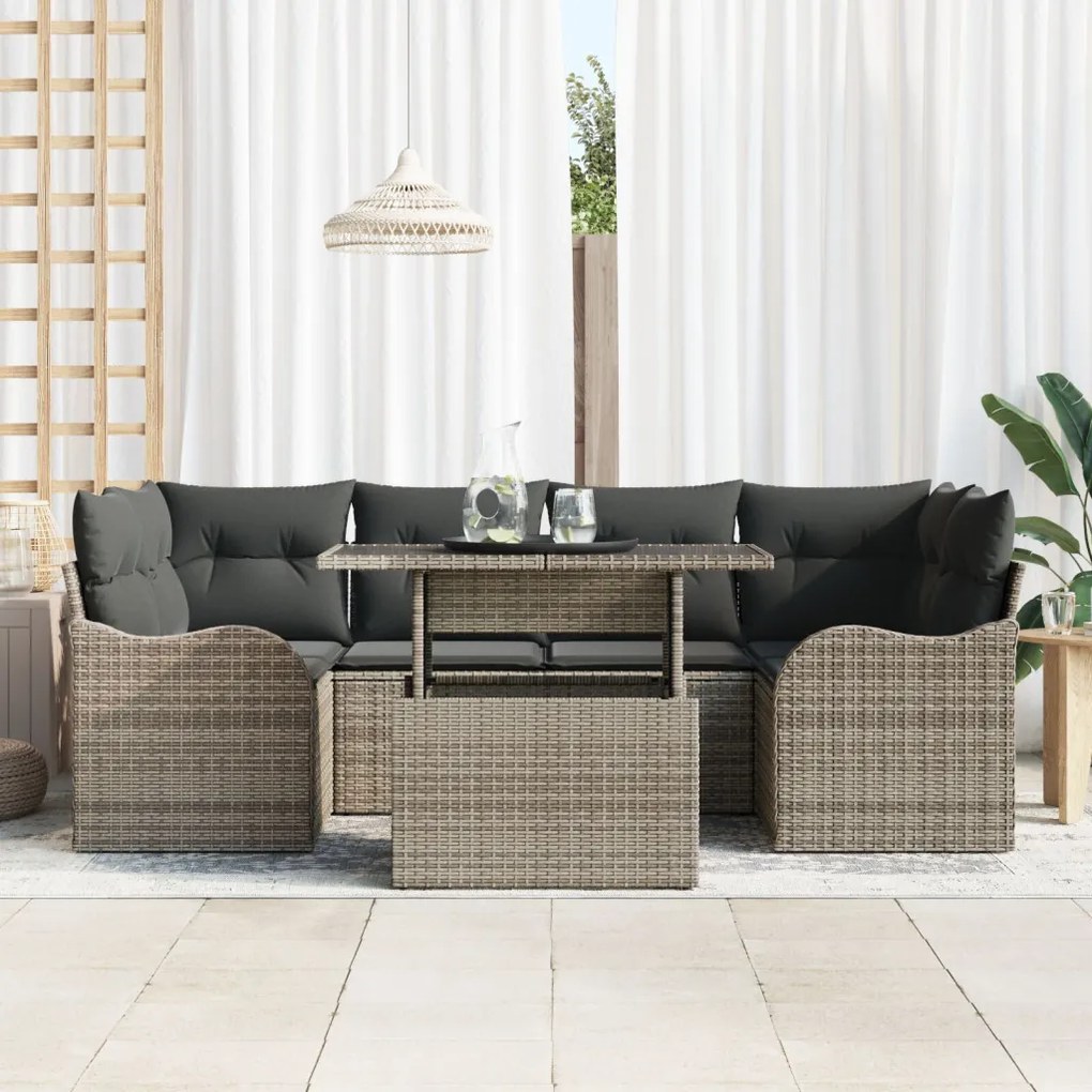 7 részes kertibútor szett párnákkal szürke poly rattan, 2 személyes kertibútor párnákkal szürke poly rattan