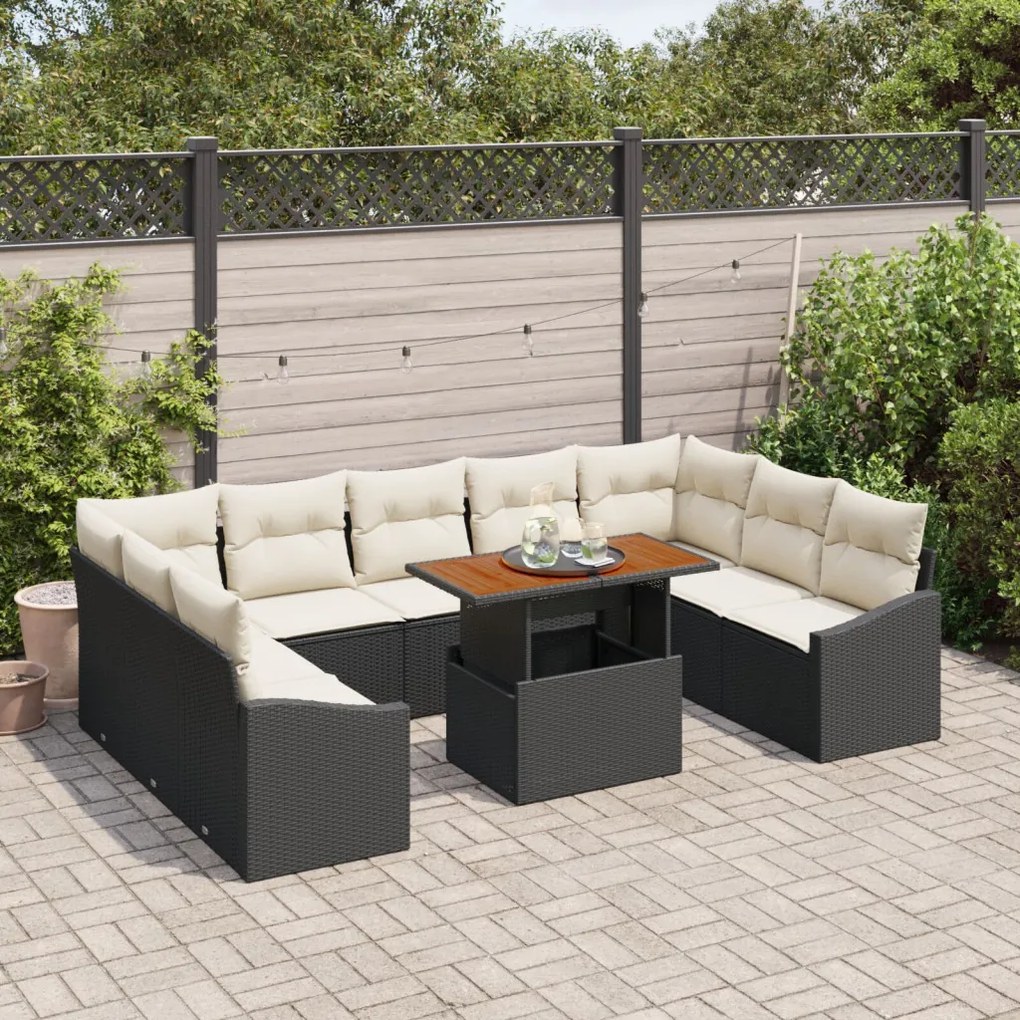 10 Darabos Kert Sofa Készlet Párnákkal Fekete Poli Rattan
