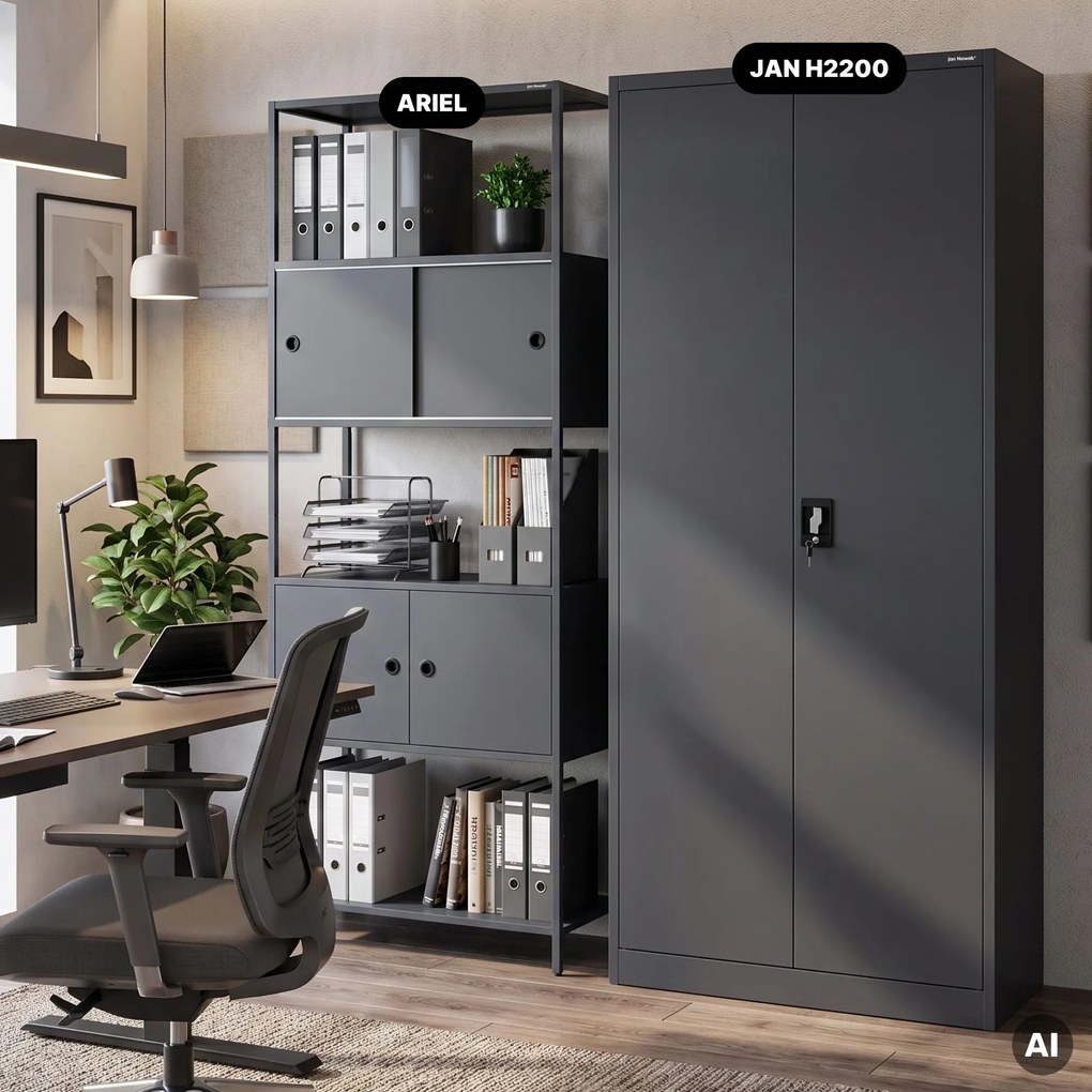 Iratrendező polc zárható szekrénnyel, irodai, nyitott polcok, fém antracit, 800x2200x400 mm: ARIEL