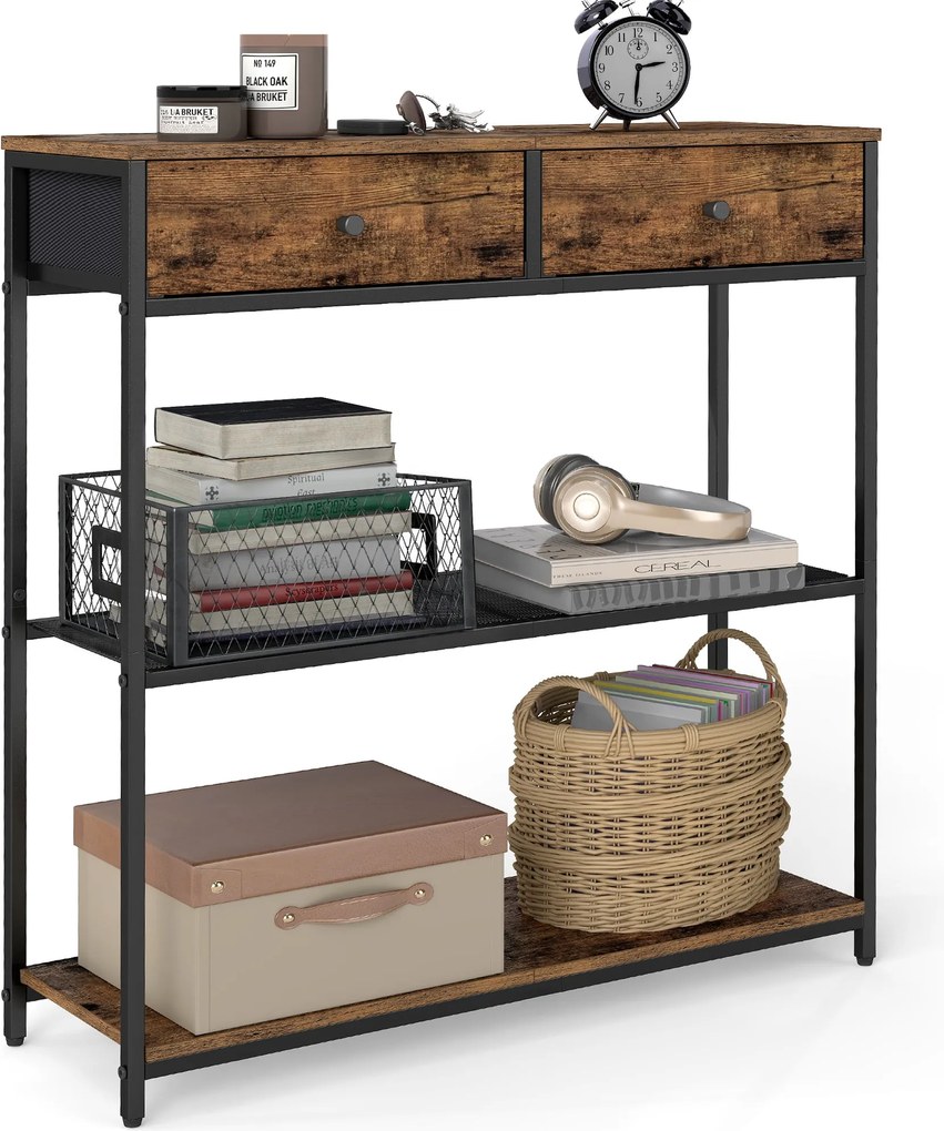 Keskeny konzolasztal 2 fiókkal, 3 szintes, rusztikus barna és fekete színben