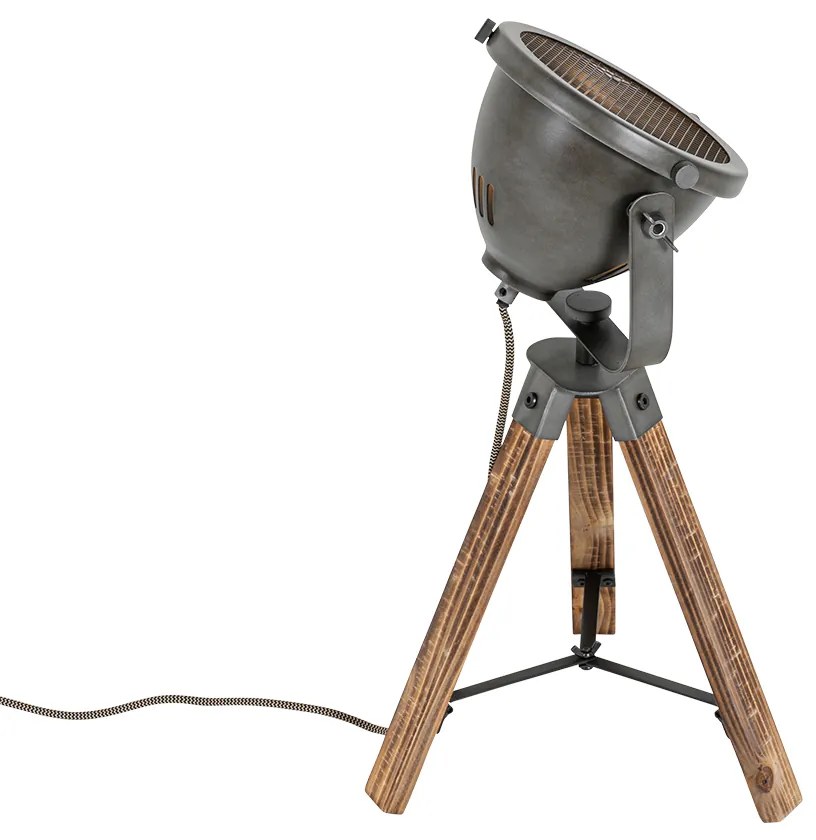 Ipari asztali lámpa állványon, acél és fa, dönthető - Emado