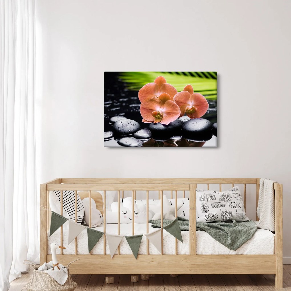 Kép - Narancssárga orchidea pálmalevelekkel (90x60 cm)