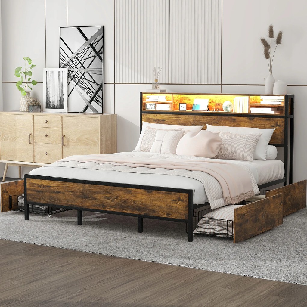 franciaágy fa 180x200cm LED-es ágy Usb töltőcsatlakozóval 4fiók