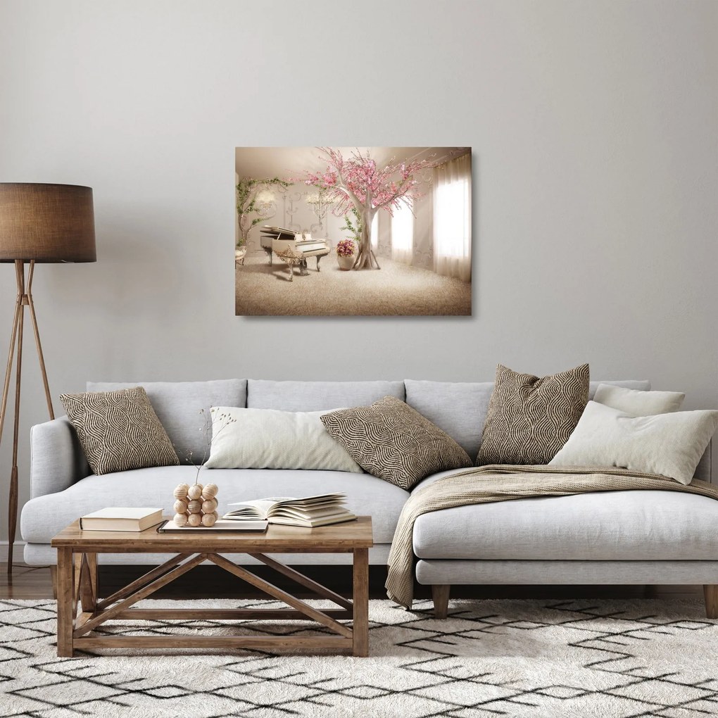 Kép - Álmodozó belső tér zongorával (üvegen) (70x50 cm)