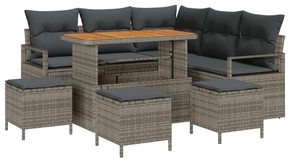 8 részes kerti kanapé szett párnákkal, szürke poly rattan akáciából, 2 fős kerti kanapé párnákkal, szürke poly rattan, 3 részes kerti étkező szett párnákkal, szürke poly rattan akáciából