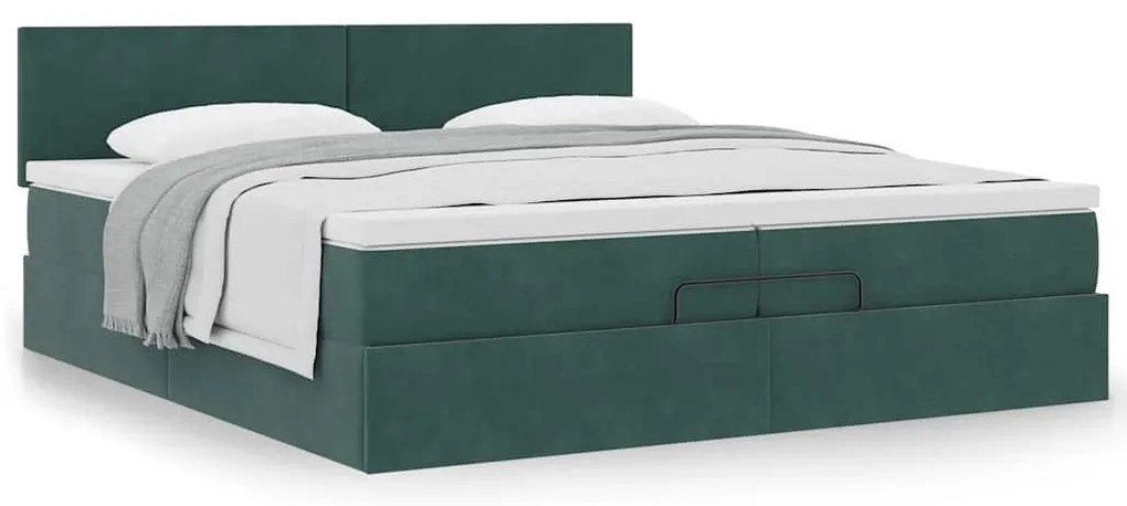 Ottomán ágykeret matraccal sötétzöld 200x200 cm bársony