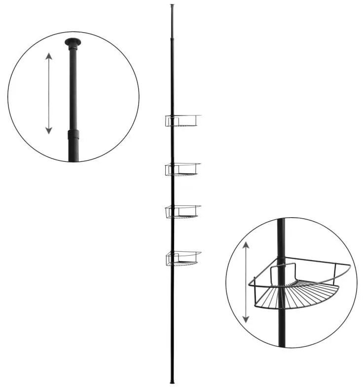 Erga Scopic, sarokteleszkópos zuhanyrúd 4 polc XL, fekete matt, ERG-YKA-CH.SCOPIC-XL-BLK