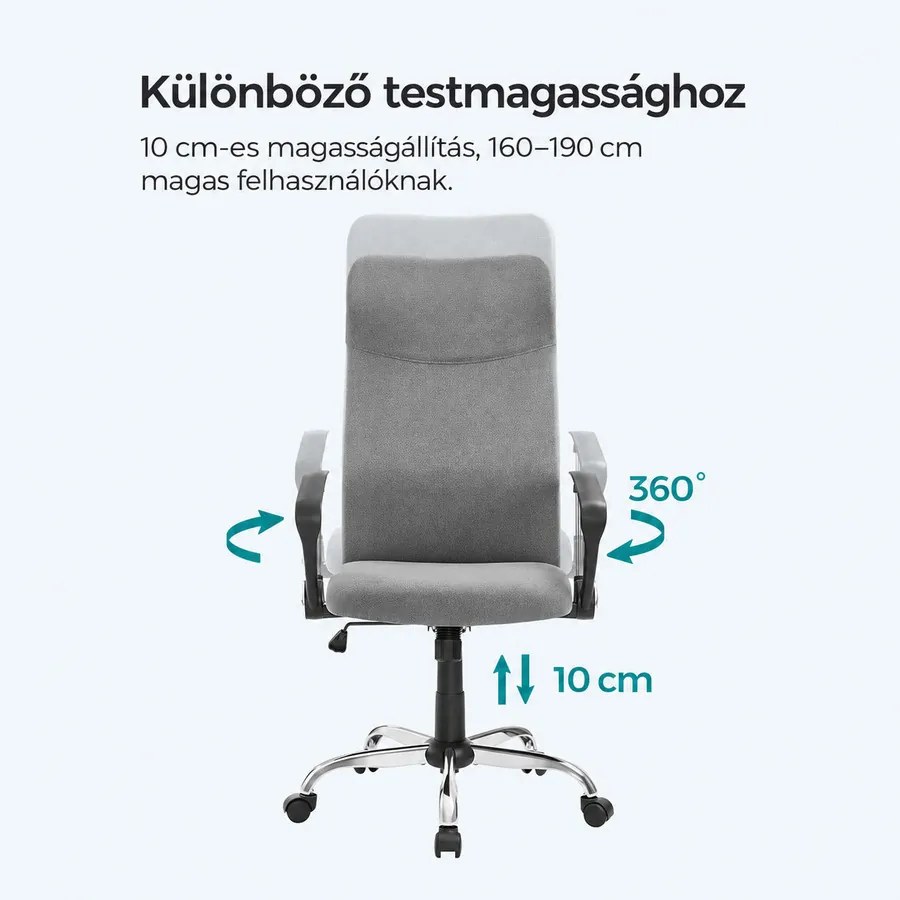 Ergonomikus irodai forgószék párnázott ülőfelülettel, hintamechanikával, állítható magassággal, 120 kg teherbírással, szürke