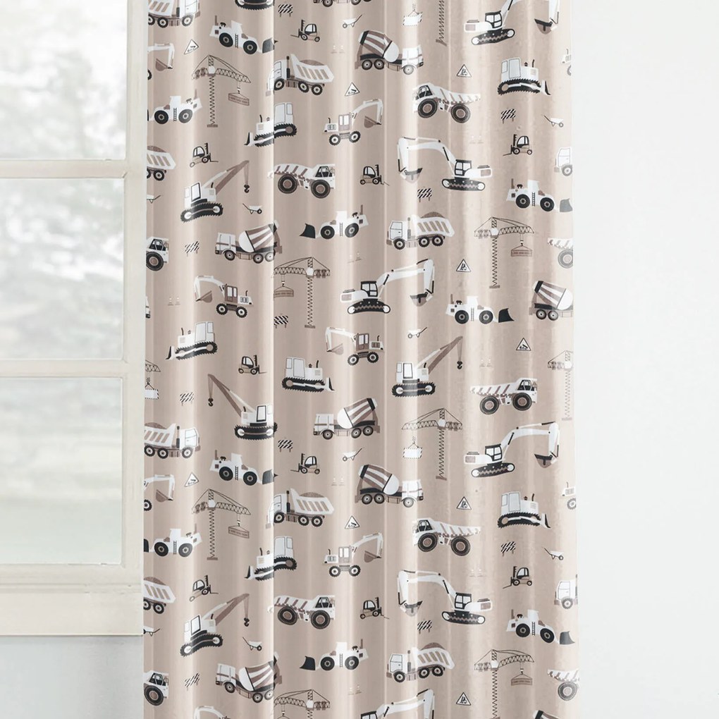 Goldea pamut gyerekfüggöny - teherautók és markolók bézs alapon 220x150 cm