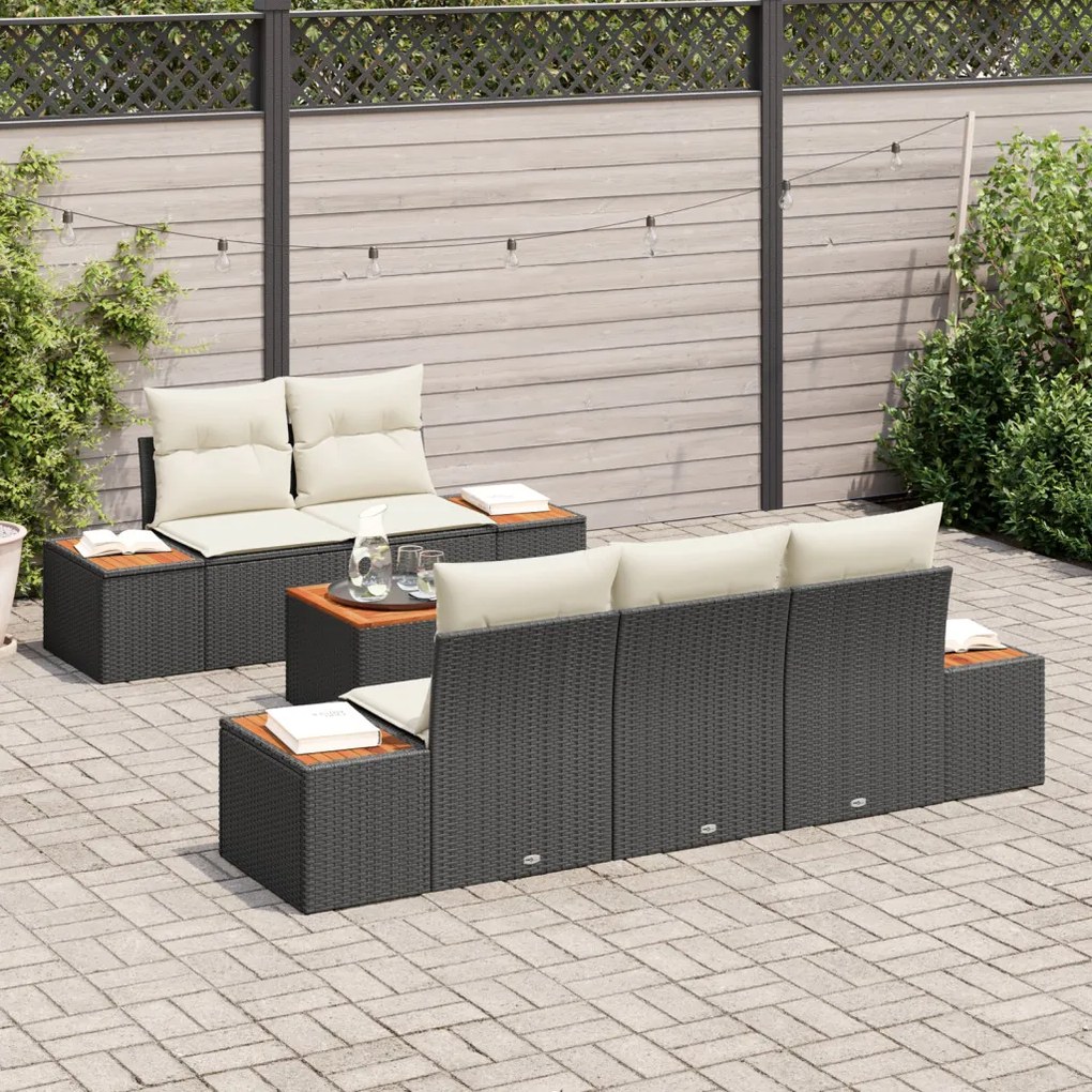 6 Részes Kert Sofasztal Szett Párnákkal Fekete Poli Rattan Akácerdő