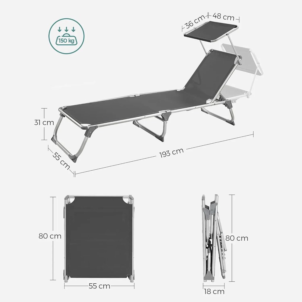 Napozóágy 55x193x31 cm, állítható napozóágy napellenzővel, füstszürke