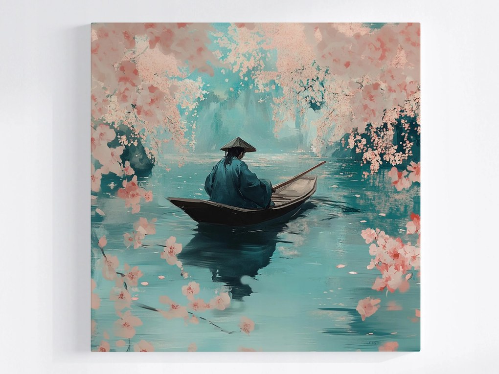 Poszter Ázsia Japán Cseresznye Virágok Csónak Víz Tükröződés 80x80