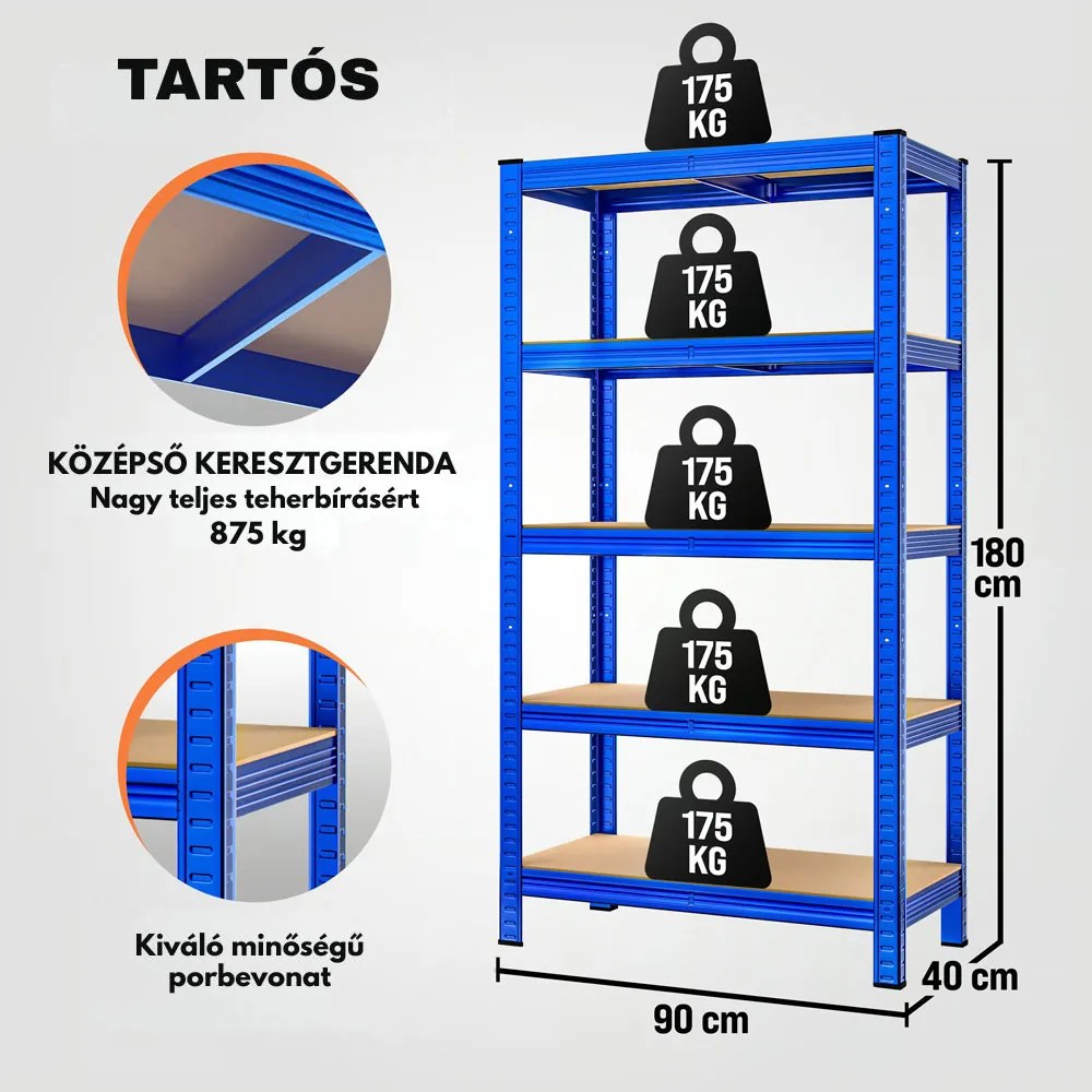 HEAVY nagy teherbírású polc, max 875kg, 90x40x180cm, kék Monzana