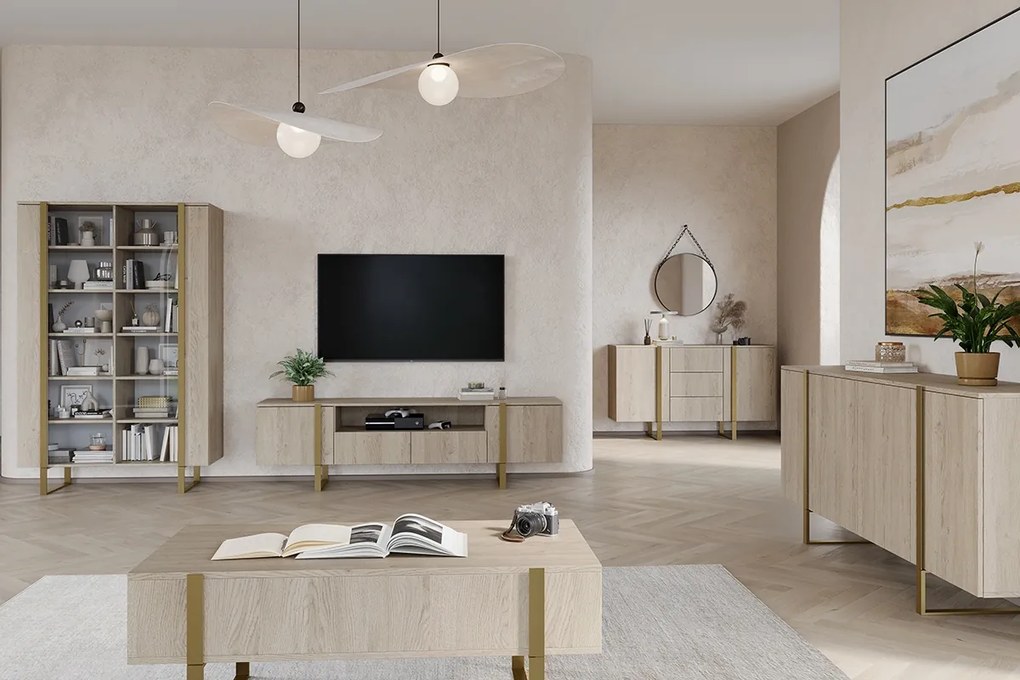 Verica 200 cm-es TV-szekrény nyitott polccal - szivacsos tölgy / arany lábak