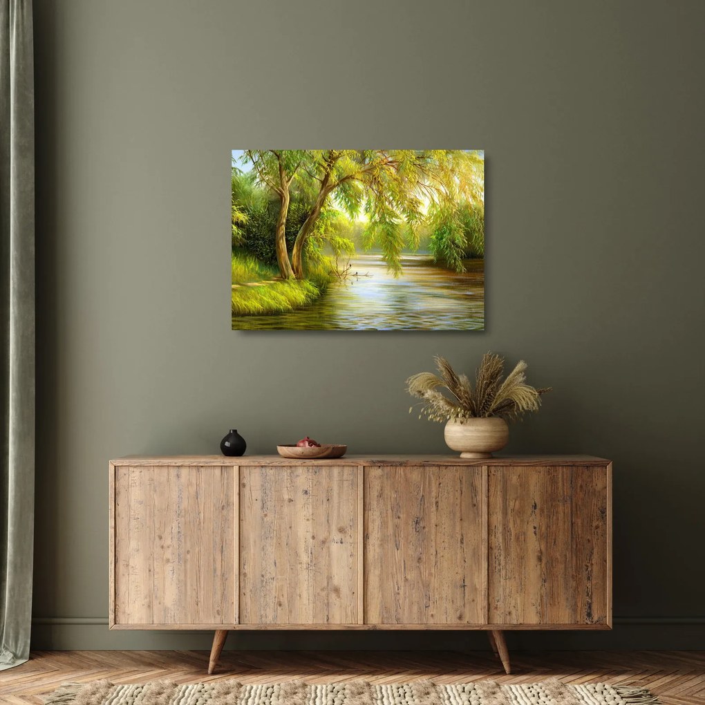 Kép - fűzfa a tó mellett, olajfestmény (üvegen) (70x50 cm)