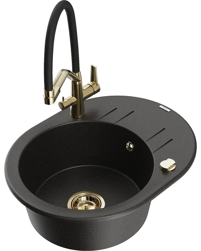 Mexen Kevin gránit 1-medencés mosogató konyhai csapteleppel Duo, fekete/arany metál - 6517-75-671701-57-G