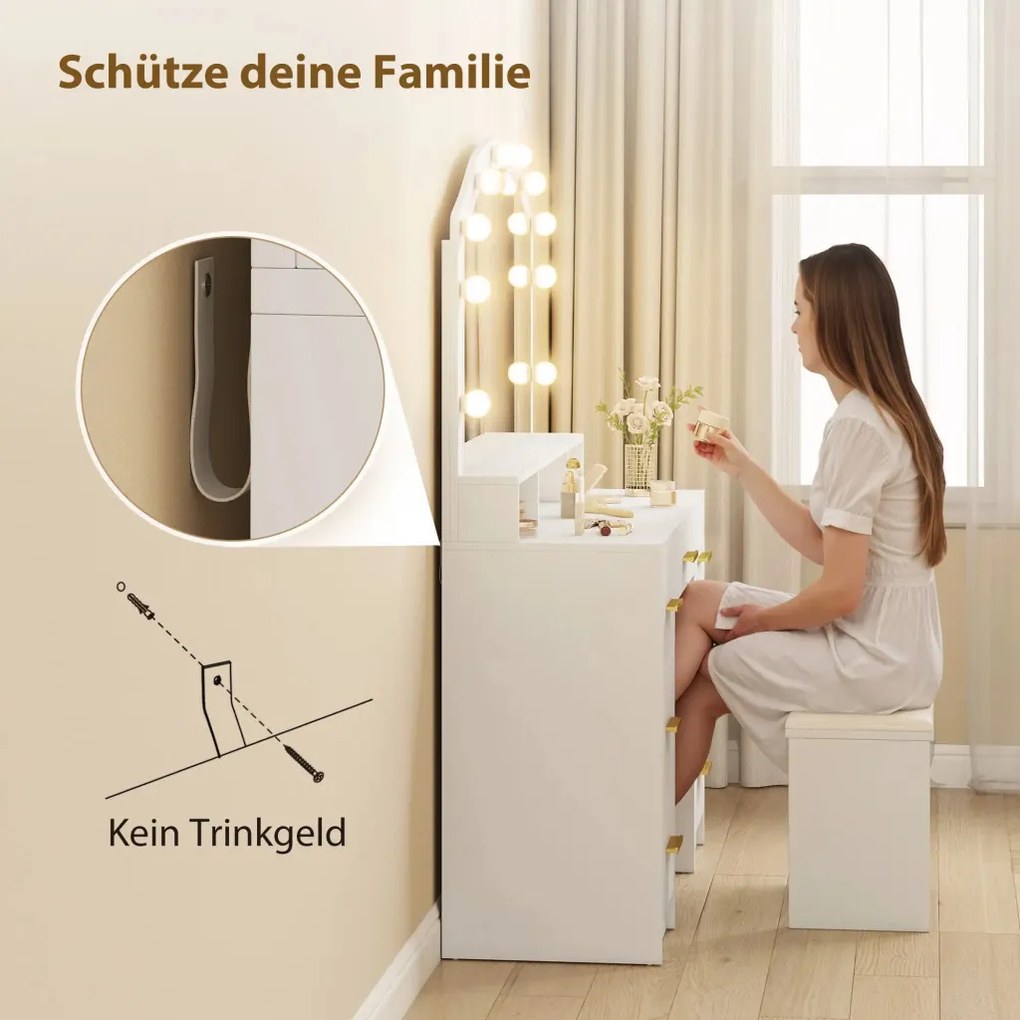 HOMCOM Fésülködőasztal, 10 LED Hollywood lámpával, 7 fiókkal, 3 rekesszel, 110 x 40 x 150 cm, fehér