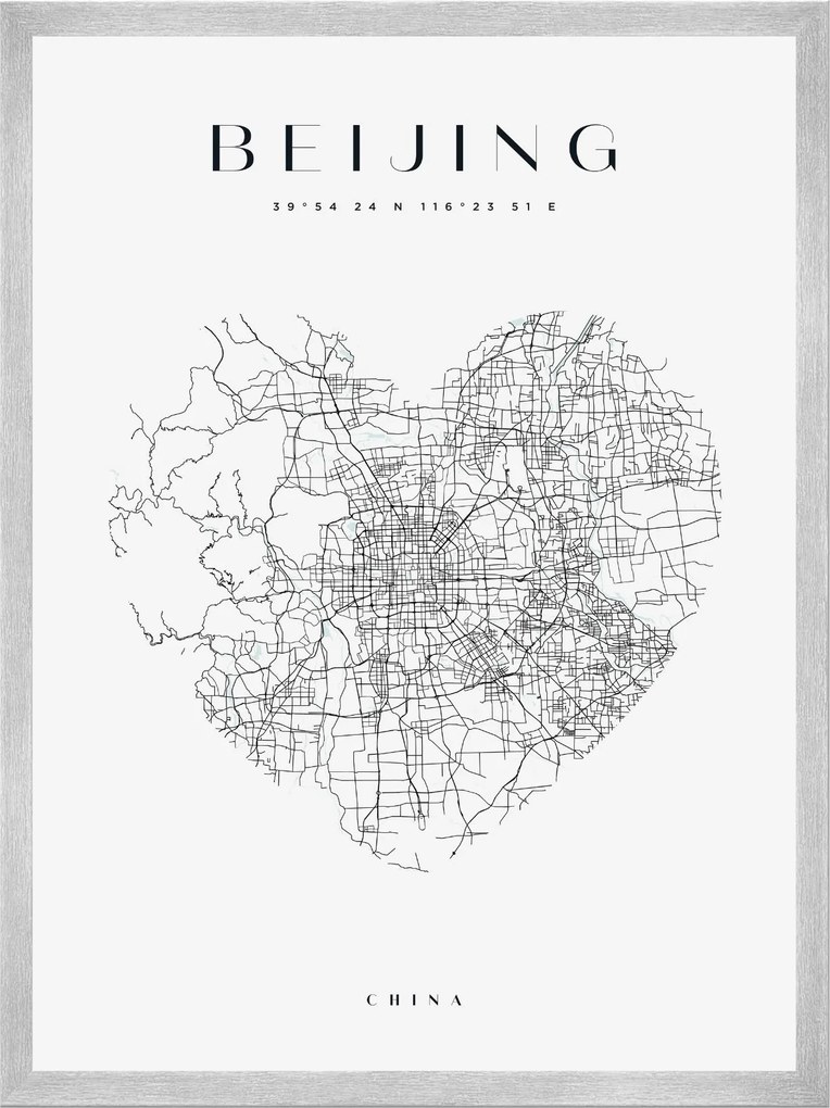Poszter Várostérkép Peking szív 50X70 cm ezüst keret