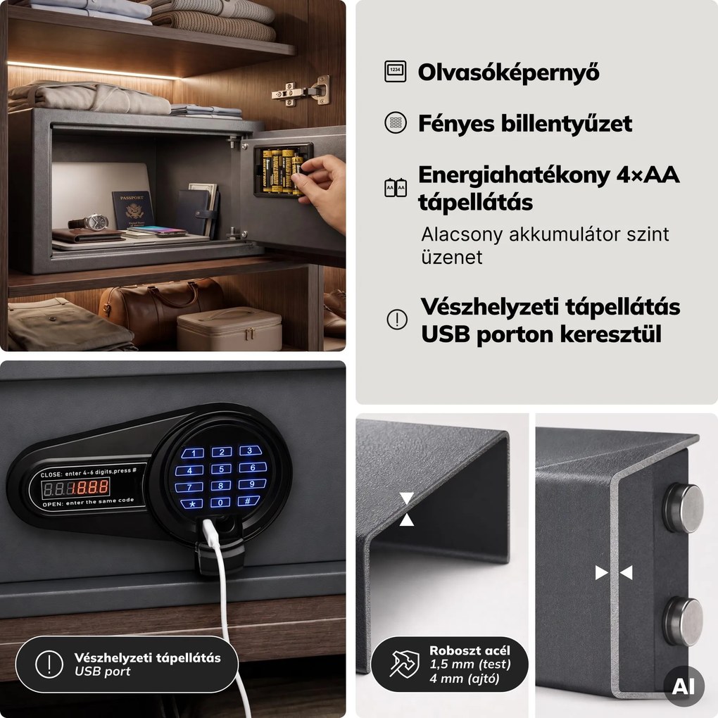 Hotelszéf elektronikus kódzárral, 15″ laptophoz és dokumentumokhoz, 200 x420x370 mm: ALFRED