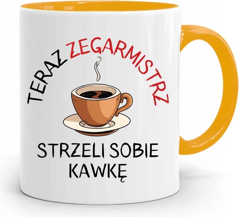 Sárga Bögre Az Óramesternek, Kávét Lő Magának, fényképes nyomattal