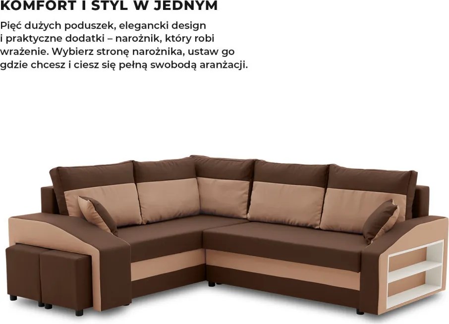 Grande sarokkanapé polcokkal és puffokkal , polc a jobb karfaban puffok a bal karfaban, baloldali, szövet anyag, bonell töltet, barna