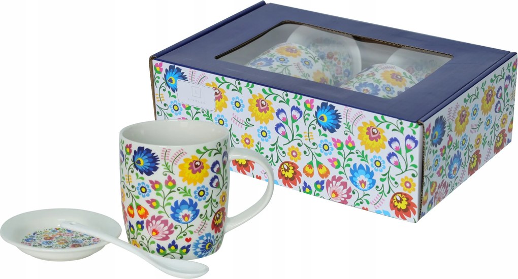 2 db-os porcelán bögre szett 340 ml Aljjal és kanállal Folklór Vadász