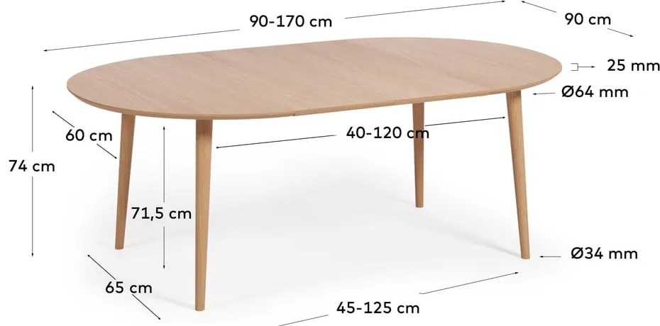 Natúr színű kerek bővíthető étkezőasztal tölgyfa dekorral ø 90 cm Oqui – Kave Home