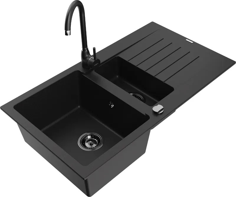 Mexen Matias 1,5-medencés gránit mosogató csepptálcával és Telma konyhai csapteleppel, fekete - 6502-77-670200-70-B
