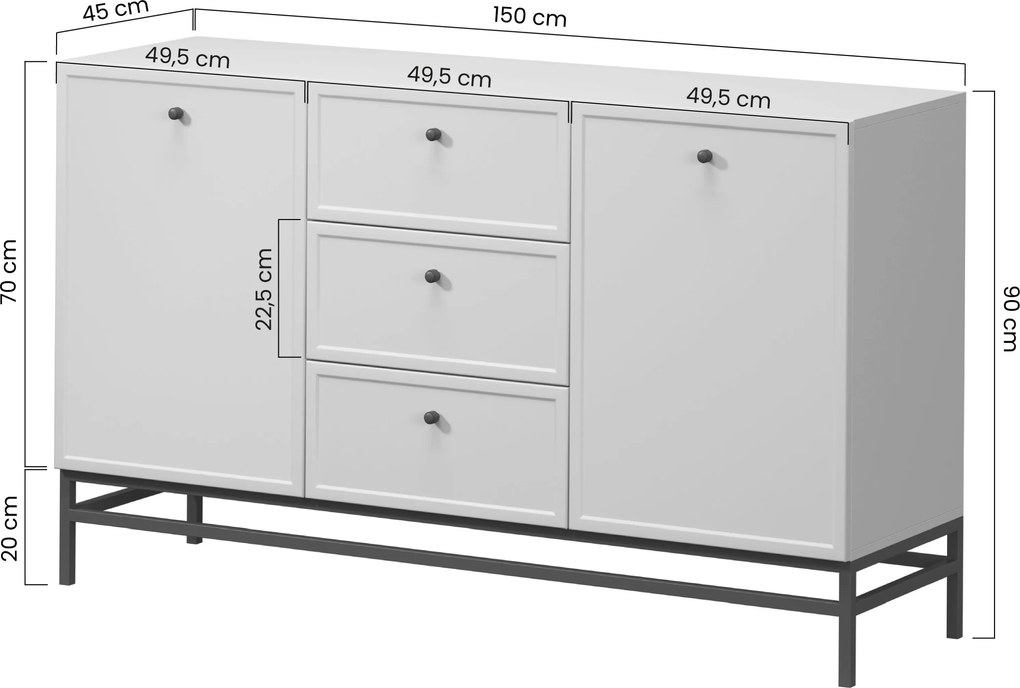 Lorini komód 150 cm - kasmír / fekete T-bar fogantyúk / fém lábak