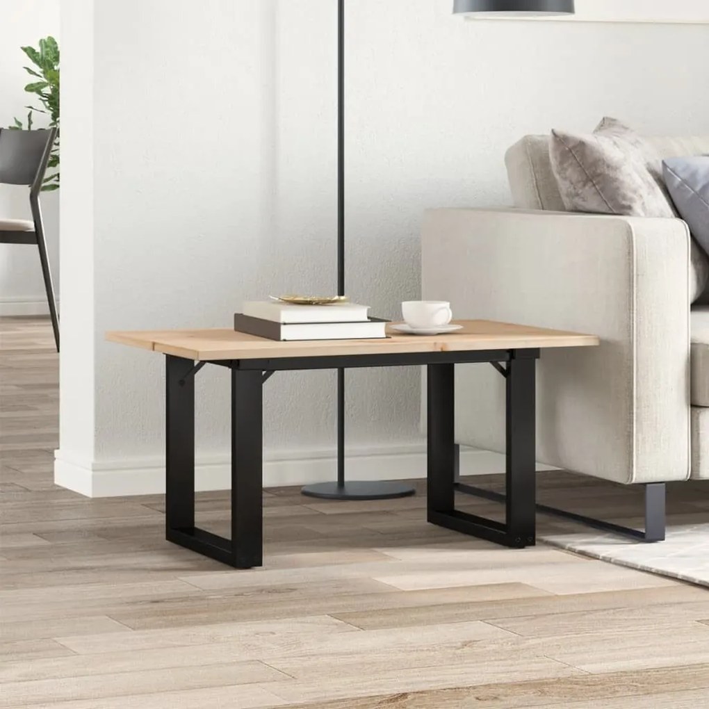 tömör fenyőfa és öntöttvas dohányzóasztal O-vázzal 80x50x40 cm