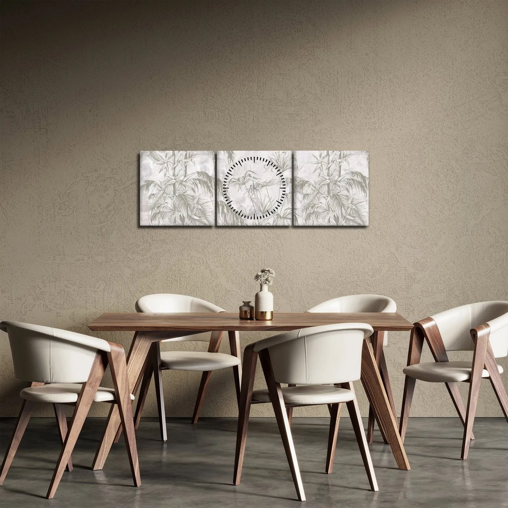 Kép - Trópusi növények a falon szürke színben (órával) (90x30 cm)