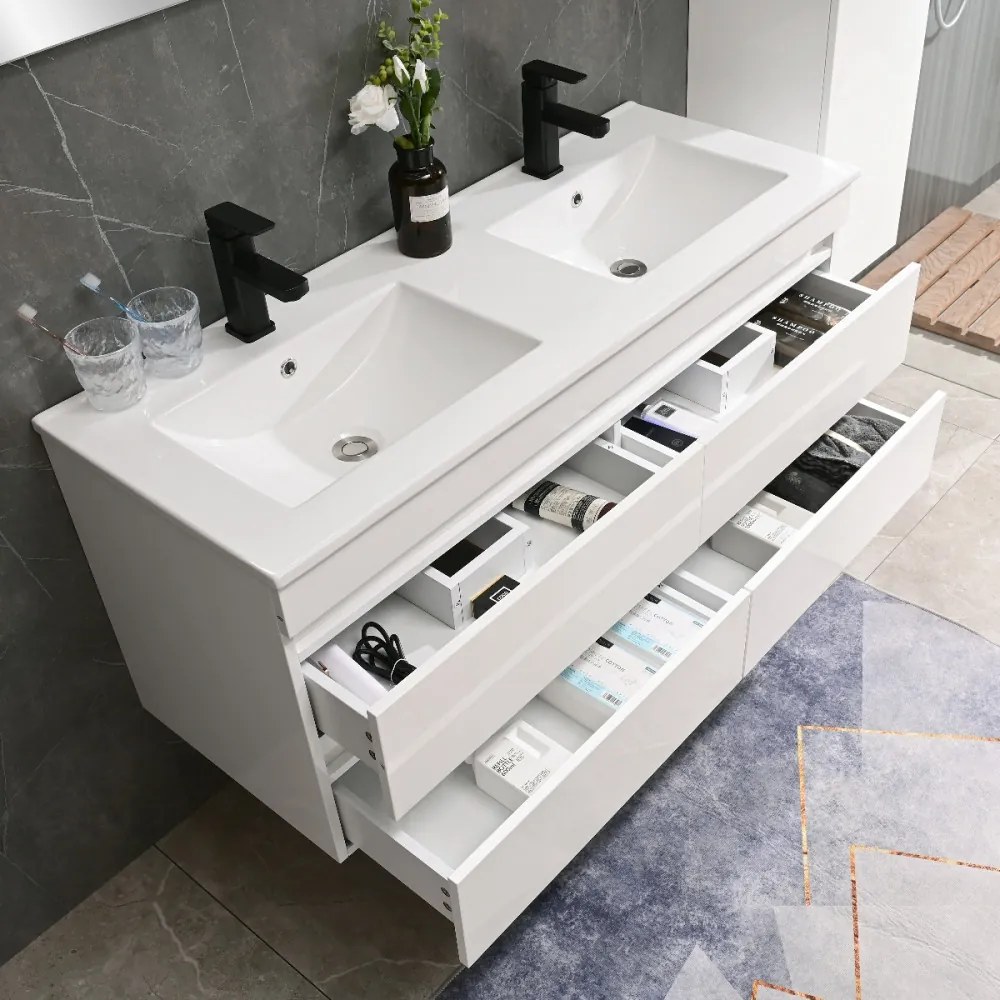 Cube 120 alsó fürdőszobabútor kerámia mosdóval 2 fiókos, magasfényű festett fehér