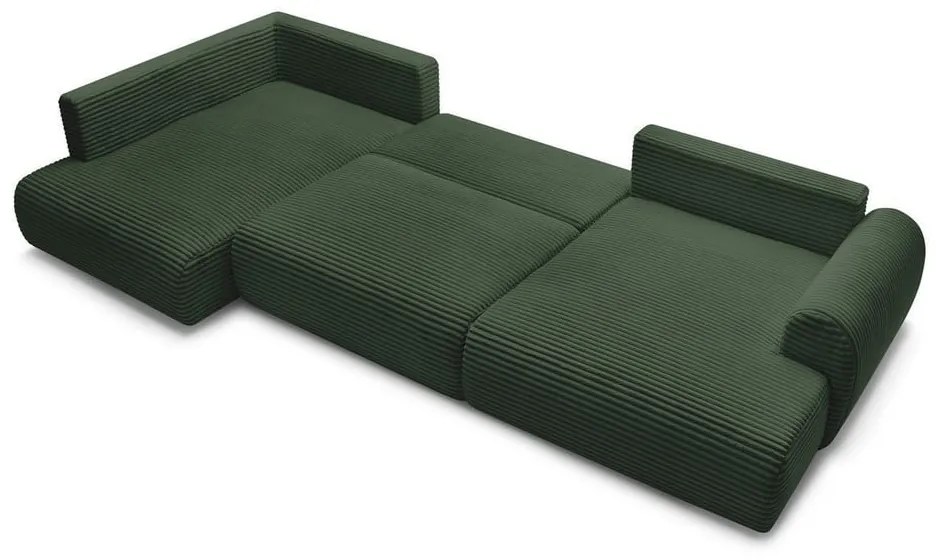 Sötétzöld kordbársony kinyitható-tárolóhelyes sarokkanapé (bal oldali-U alakú) Lucien – Bobochic Paris