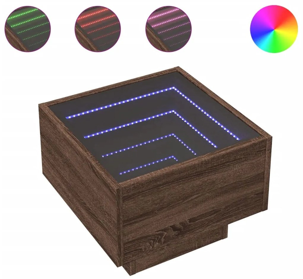 Barna tölgy színű szerelt fa kisasztal LED-del 40 x 40 x 30 cm