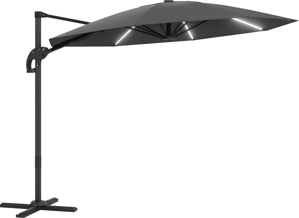 Outsunny Alumínium Napernyő LED Napelemes Ø300cm, Magasságban Állítható Napernyő Kézi Forgató Szerkezettel, UV50+ Vízálló, 360°-ban Forgatható Piac Na
