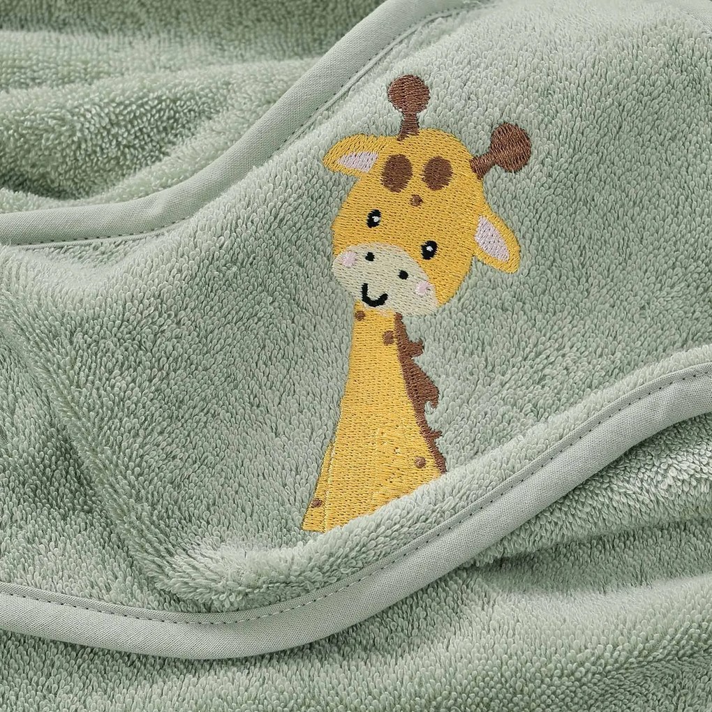 Goldea gyermek frottír fördőlepedő csuklyás - zsiráf zsályaszínű alapon 100 x 100 cm