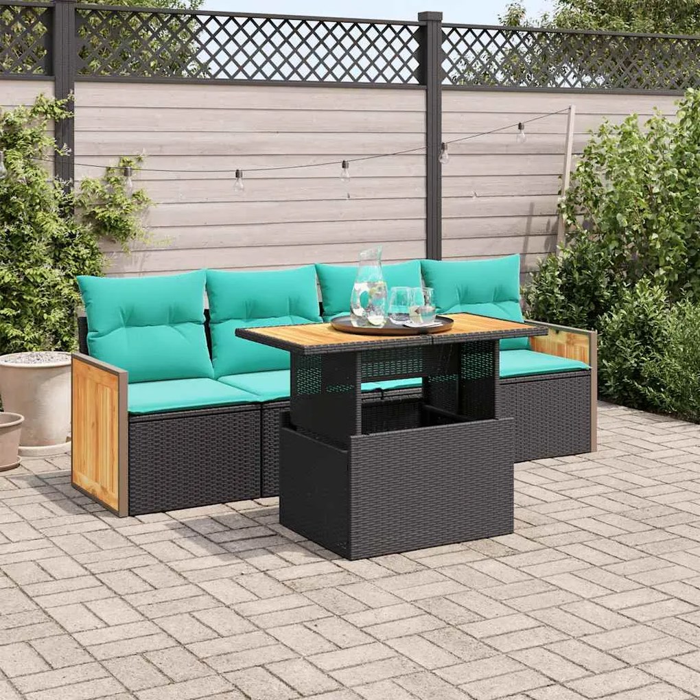 vidaXL 5 részes fekete polyrattan akácfa kerti kanapészett párnákkal