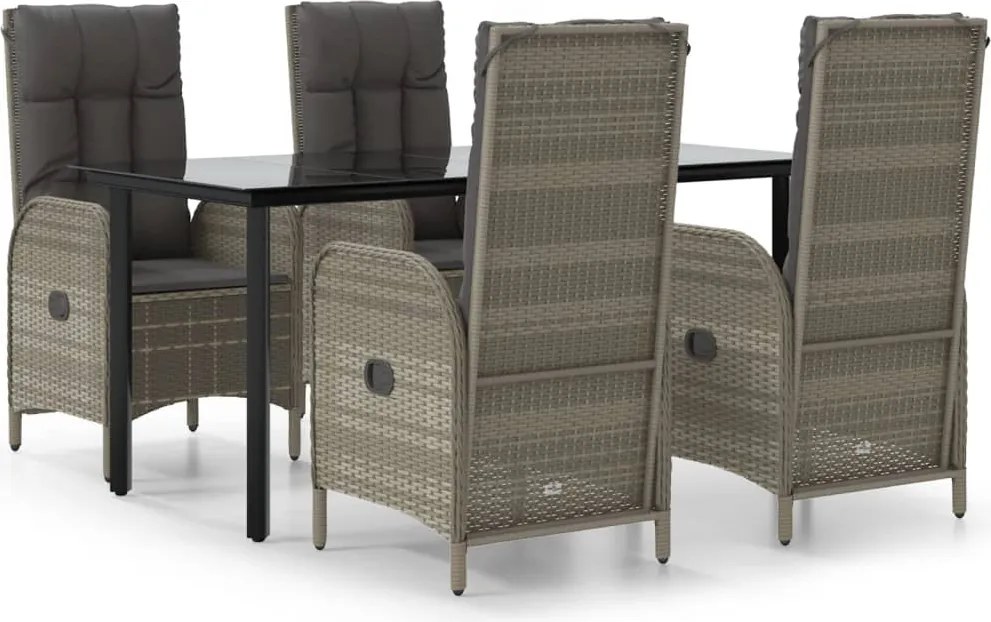 vidaXL 5 részes fekete és szürke polyrattan kerti étkezőszett párnával