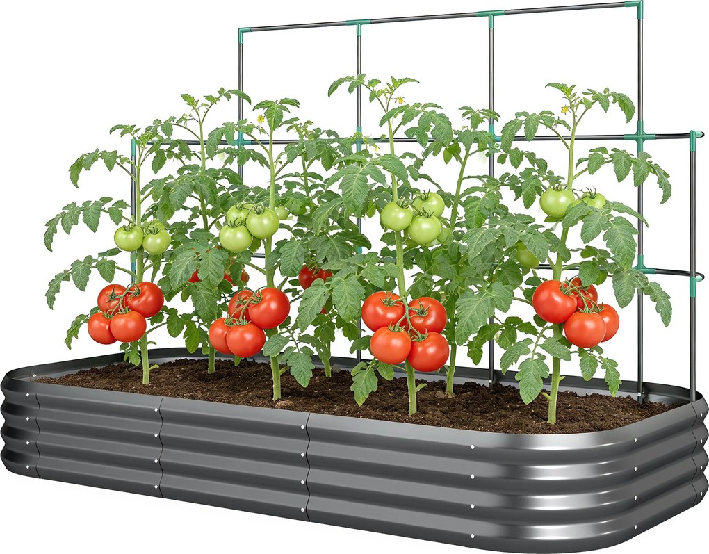 Outsunny horganyzott magasított ágyás kordonráccsal, horganyzott fém kaspó védőéllel és kesztyűvel — 220 x 110 x 150 cm, sötétszürke | Aosom