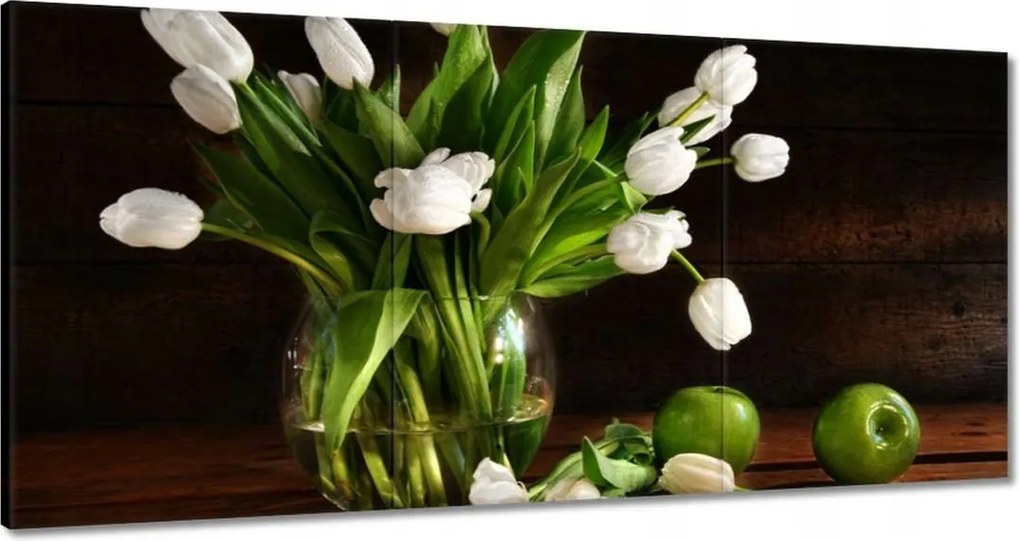 Vászonkép 120x60 Fehér tulipánok Sötét háttér