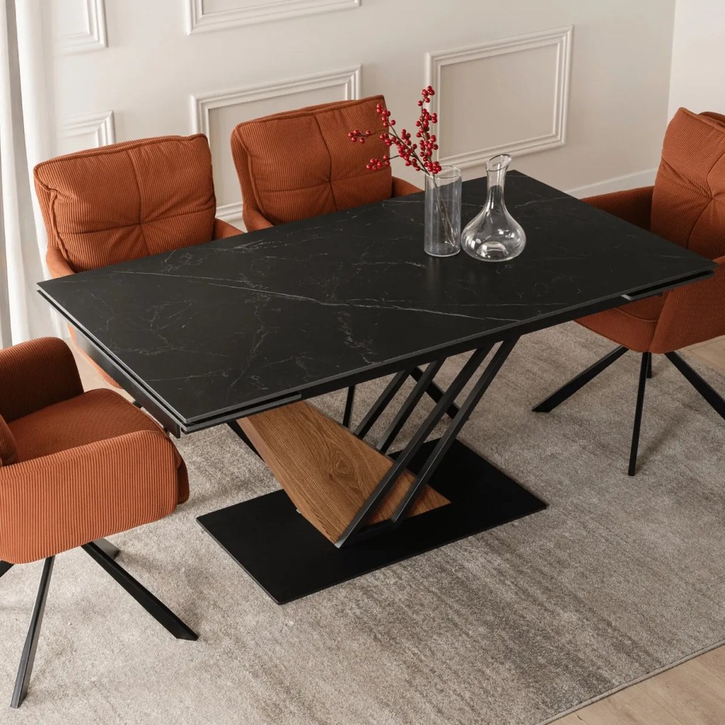 Kihúzható kerámia étkezőasztal 160–220 cm méretben, fekete márvány/dió színben REX