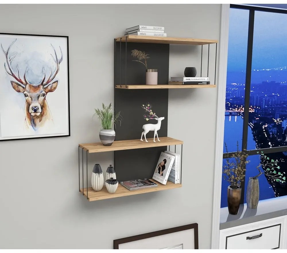 Antracitszürke-natúr színű többszintes fali polc borovi fenyő dekorral 65 cm Destan – Kalune Design
