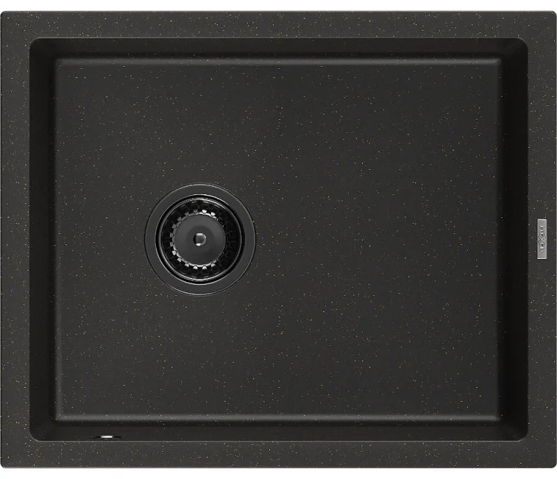 Mexen Pedro, gránit mosogató 560x460x200 mm, 1 kamrás, fekete-arany metál fekete szifonnal, 6508561000-75-B