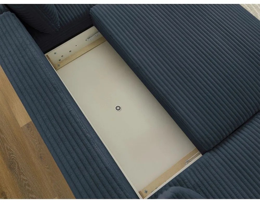 Sötétkék kordbársony kinyitható sarokkanapé (bal oldali-U alakú) Lucien – Bobochic Paris