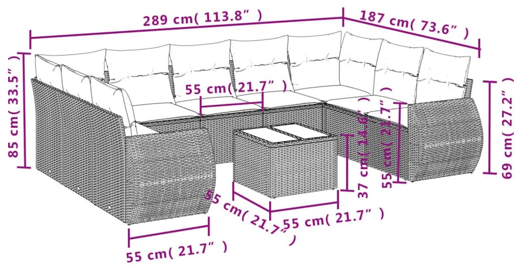 10 részes barna polyrattan kerti ülőgarnitúra párnákkal